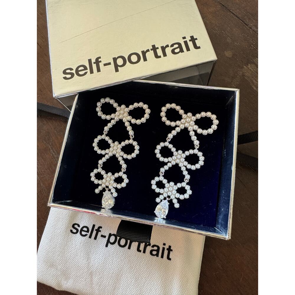 Self-Portrait Silver Crystal Bow Drop Earrings